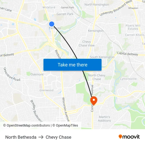 North Bethesda to Chevy Chase map