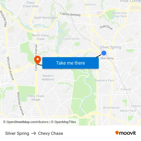 Silver Spring to Chevy Chase map
