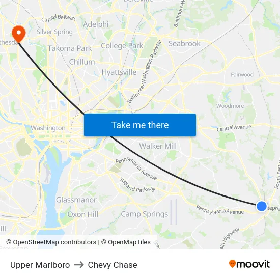 Upper Marlboro to Chevy Chase map