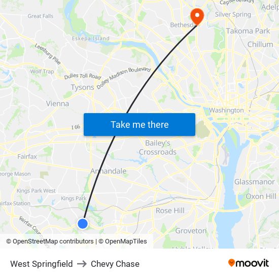 West Springfield to Chevy Chase map