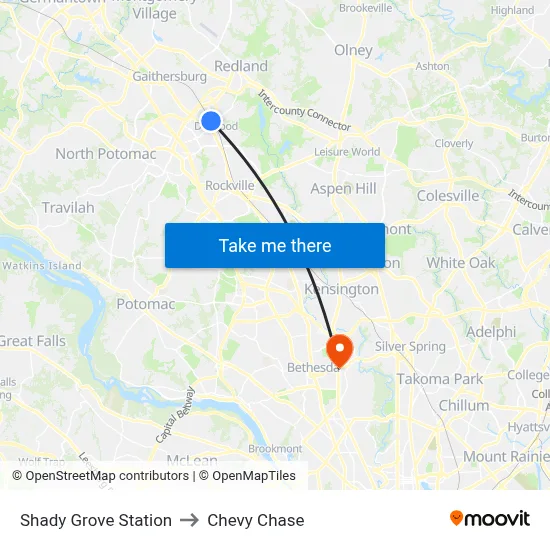 Shady Grove Station to Chevy Chase map