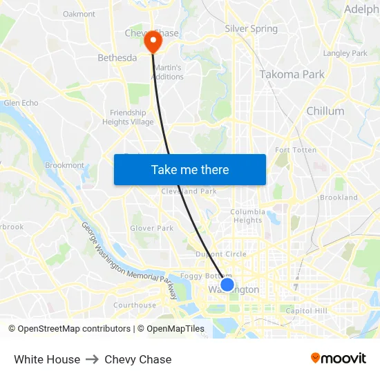 White House to Chevy Chase map