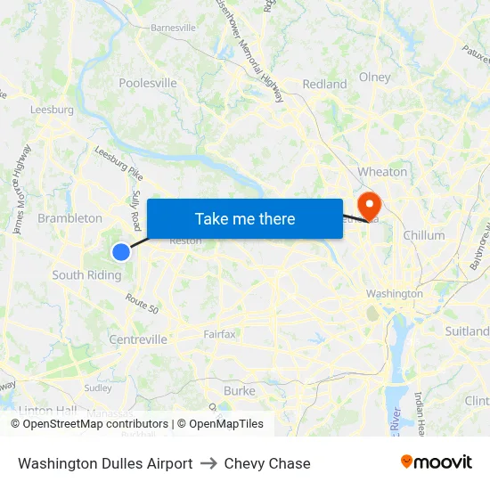 Washington Dulles Airport to Chevy Chase map