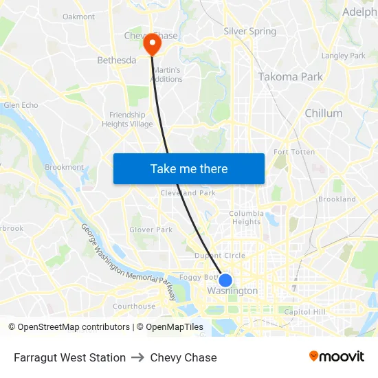Farragut West Station to Chevy Chase map