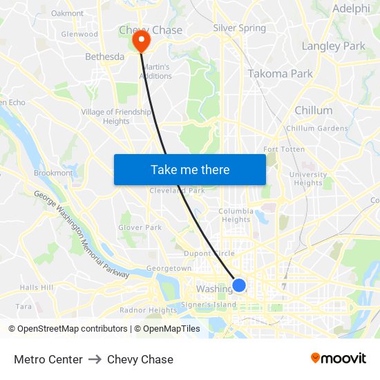 Metro Center to Chevy Chase map