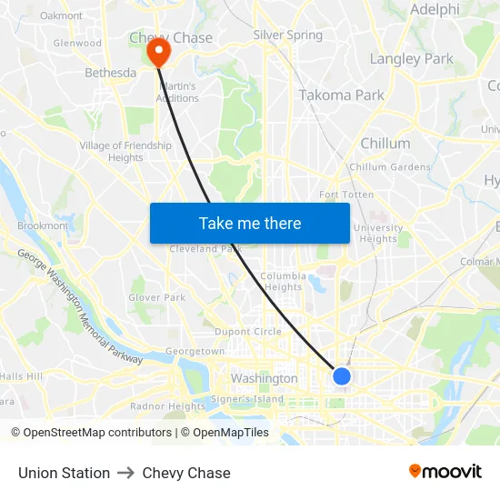 Union Station to Chevy Chase map