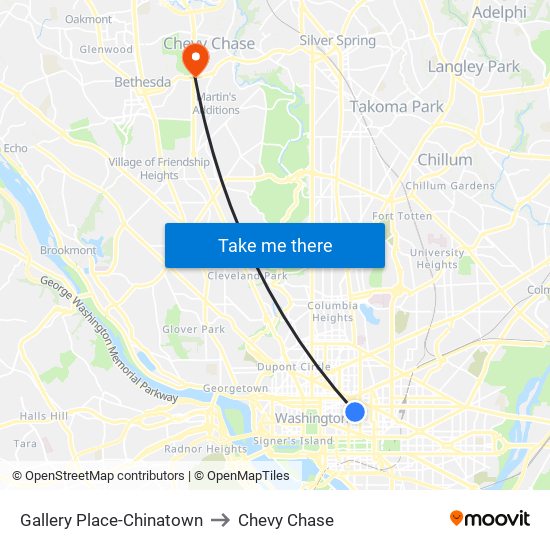 Gallery Place-Chinatown to Chevy Chase map