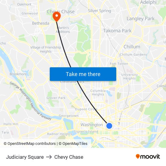 Judiciary Square to Chevy Chase map