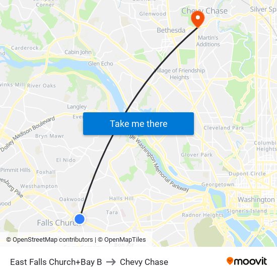 East Falls Church+Bay B to Chevy Chase map