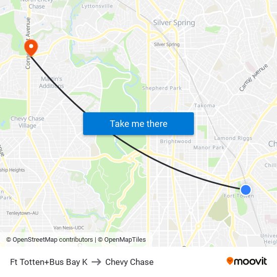 Fort Totten+Bay K to Chevy Chase map