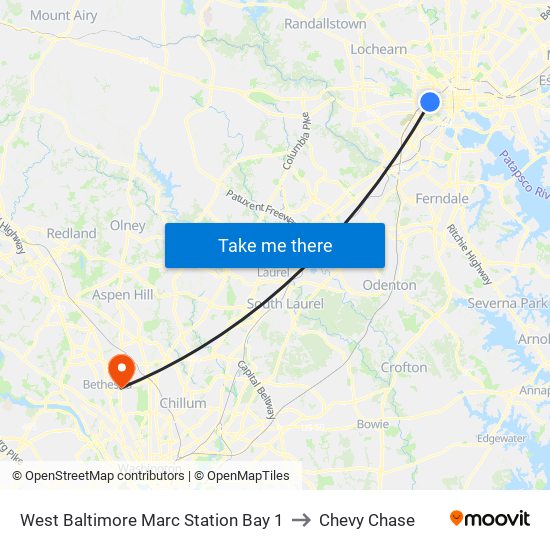 West Baltimore Marc Station Bay 1 to Chevy Chase map
