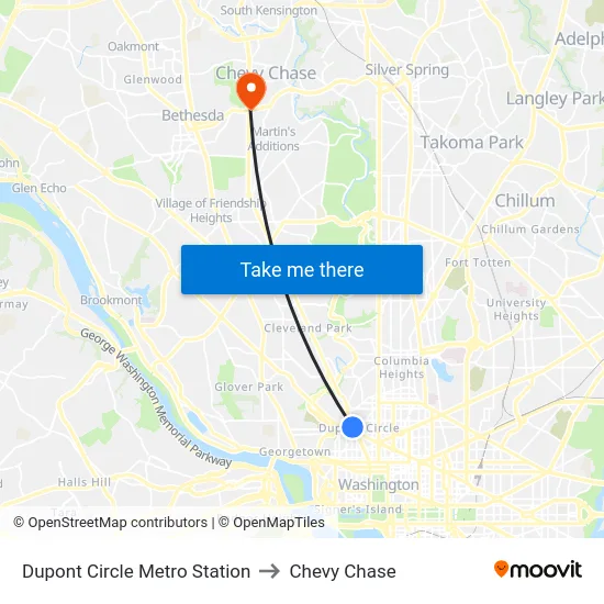 Dupont Circle Metro Station to Chevy Chase map