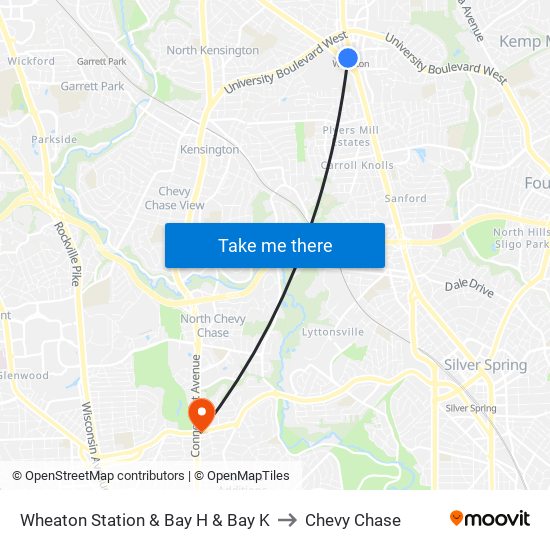 Wheaton Station  & Bay H & Bay K to Chevy Chase map