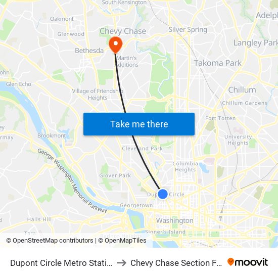 Dupont Circle Metro Station to Chevy Chase Section Five map