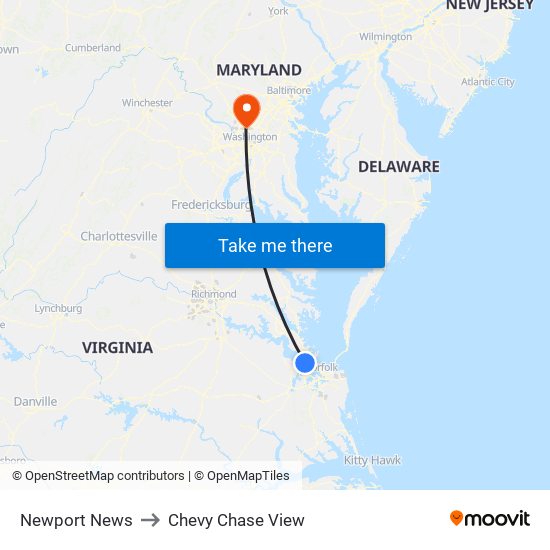 Newport News to Chevy Chase View map