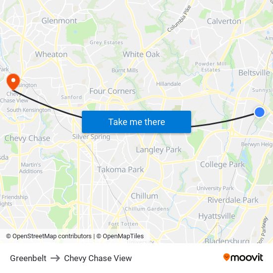 Greenbelt to Chevy Chase View map