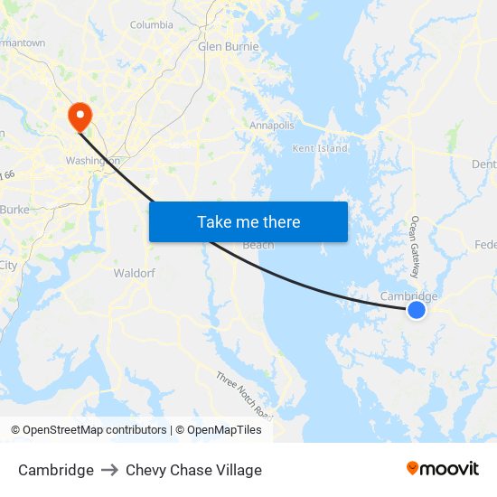 Cambridge to Chevy Chase Village map