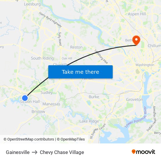 Gainesville to Chevy Chase Village map