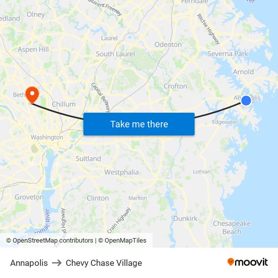 Annapolis to Chevy Chase Village map