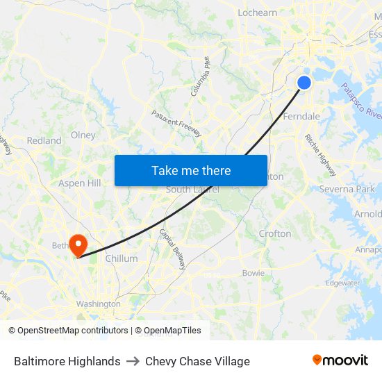 Baltimore Highlands to Chevy Chase Village map