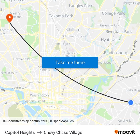 Capitol Heights to Chevy Chase Village map