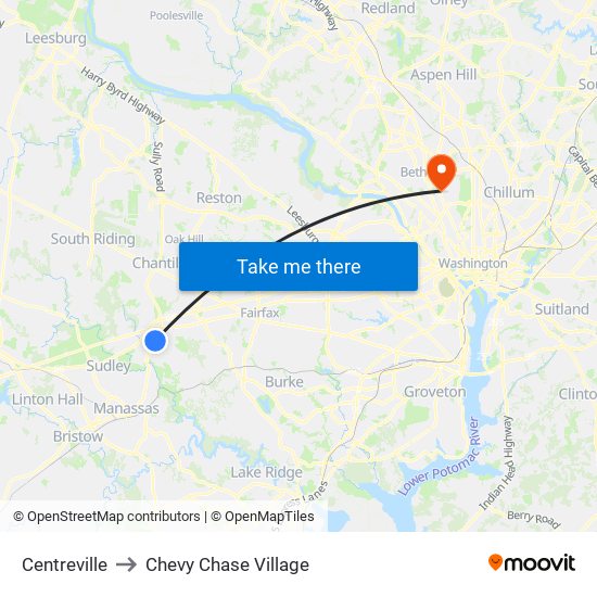 Centreville to Chevy Chase Village map
