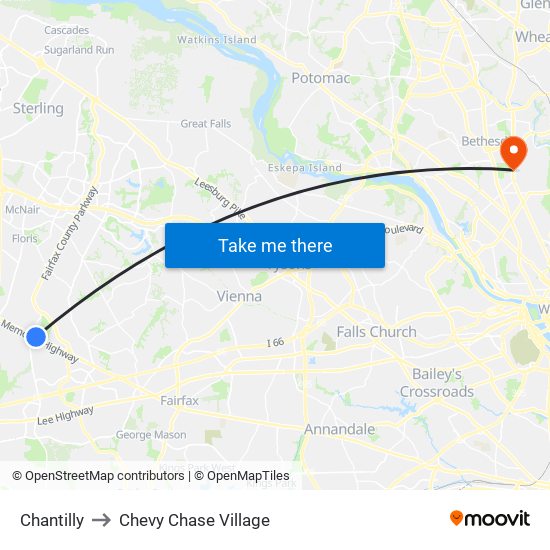 Chantilly to Chevy Chase Village map