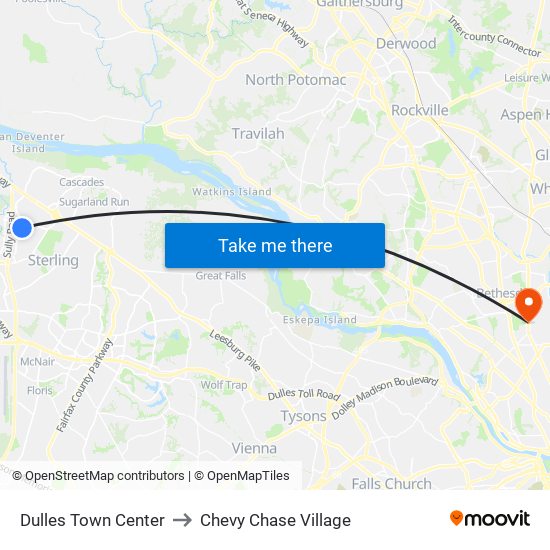 Dulles Town Center to Chevy Chase Village map