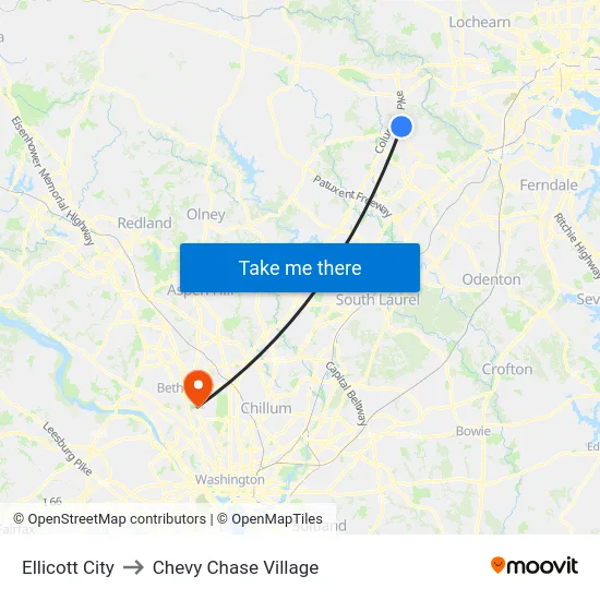 Ellicott City to Chevy Chase Village map