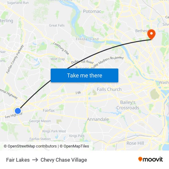 Fair Lakes to Chevy Chase Village map