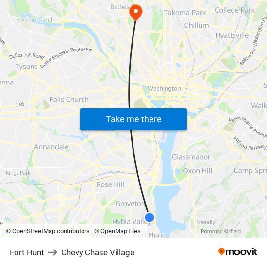 Fort Hunt to Chevy Chase Village map