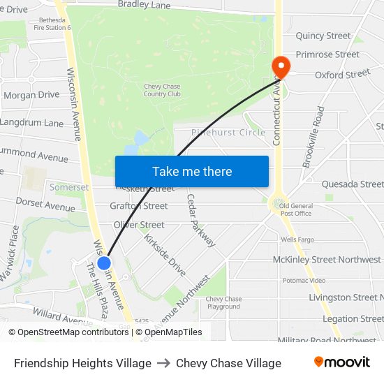 Friendship Heights Village to Chevy Chase Village map