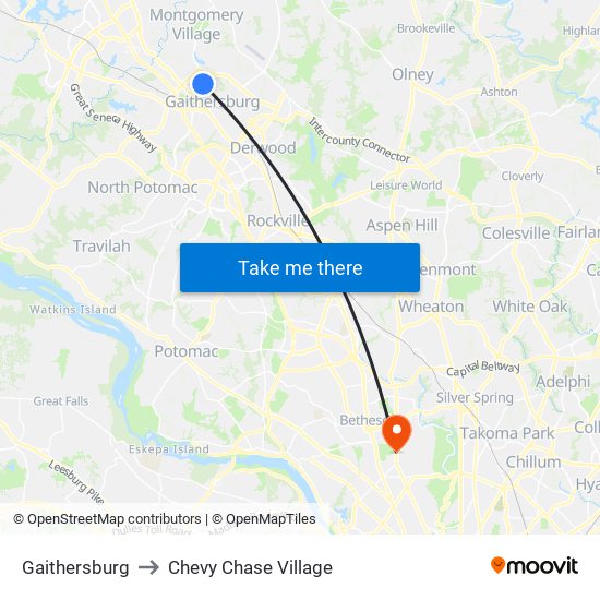 Gaithersburg to Chevy Chase Village map