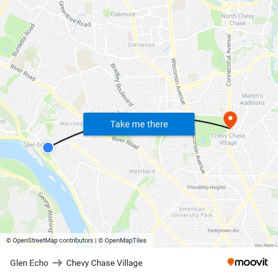 Glen Echo to Chevy Chase Village map