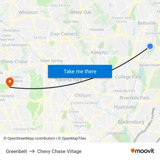Greenbelt to Chevy Chase Village map