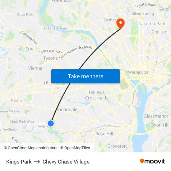 Kings Park to Chevy Chase Village map
