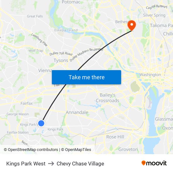 Kings Park West to Chevy Chase Village map