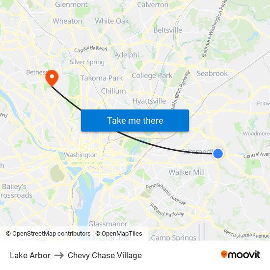 Lake Arbor to Chevy Chase Village map