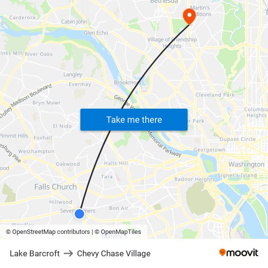 Lake Barcroft to Chevy Chase Village map