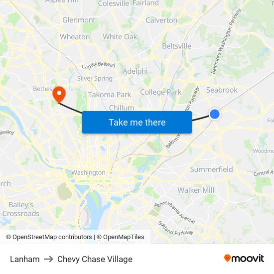 Lanham to Chevy Chase Village map