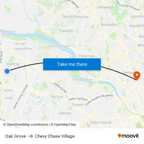 Oak Grove to Chevy Chase Village map