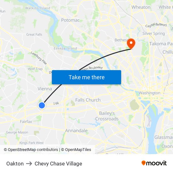 Oakton to Chevy Chase Village map