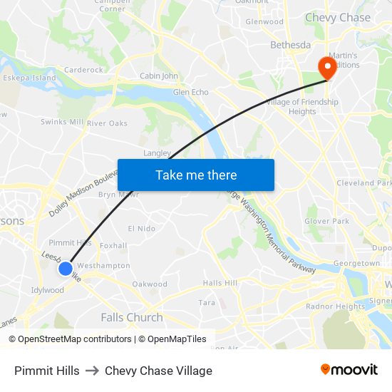 Pimmit Hills to Chevy Chase Village map