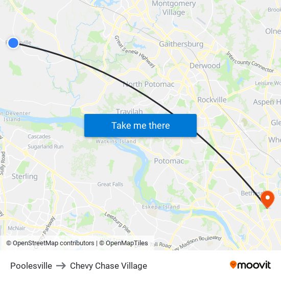 Poolesville to Chevy Chase Village map