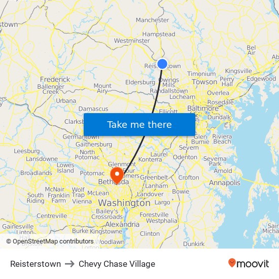 Reisterstown to Chevy Chase Village map