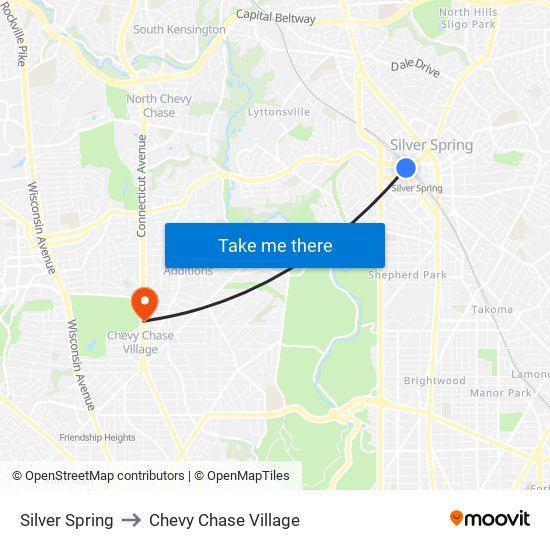 Silver Spring to Chevy Chase Village map