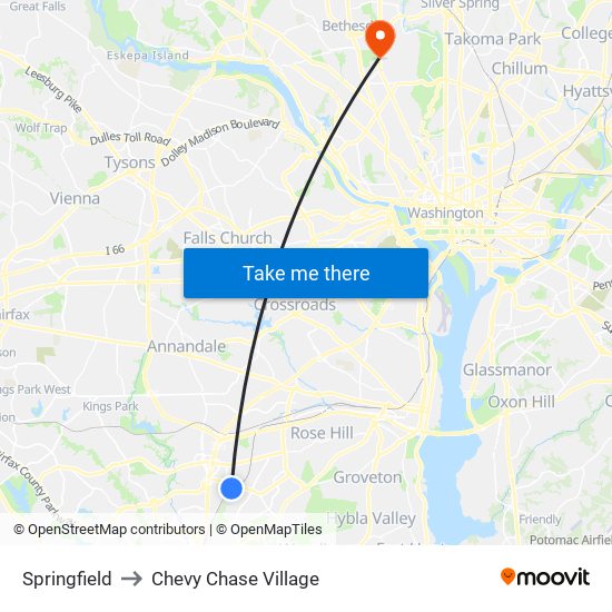 Springfield to Chevy Chase Village map