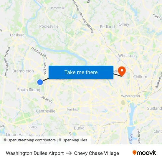 Washington Dulles Airport to Chevy Chase Village map