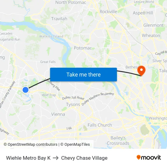 Wiehle Metro Bay K to Chevy Chase Village map