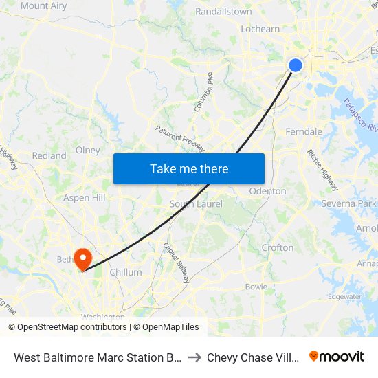 West Baltimore Marc Station Bay 1 to Chevy Chase Village map